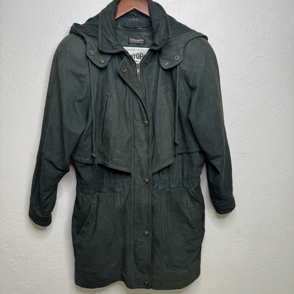 Vintage Tip Top of California Thinsulate Leather Parka Jacket S‎ Green Hooded